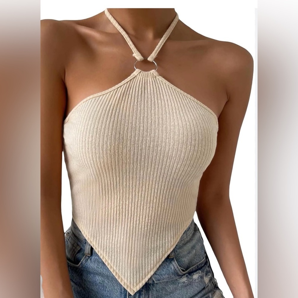 Cream Tan Beige Knitted Halter Neck Crop Top Size L